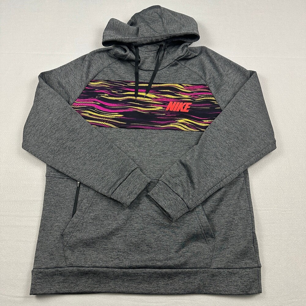 Nike Hoodie Men Large Gray Abstract Graphic Standard Sweatshirt Swoosh Dri Fit L